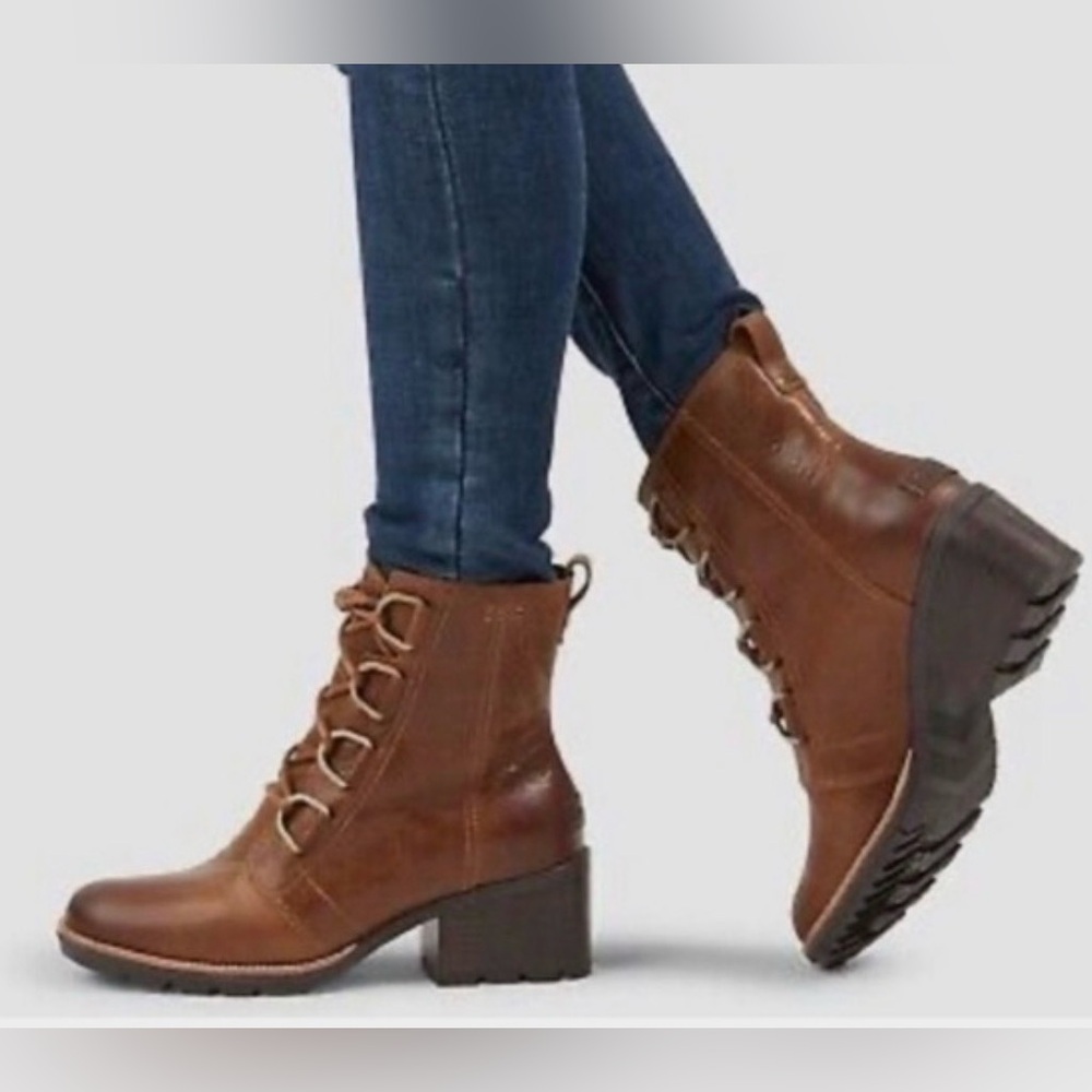 Sorel Cate Lace-Up Ankle Boots Leather Brown Block Heel Size 6